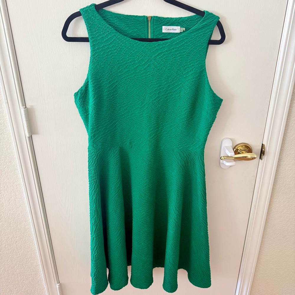 Calvin Klein Sleeveless Emerald Green Textured Skater Dress